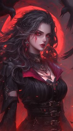 a woman with black hair and red eyes standing in front of a full blood moon