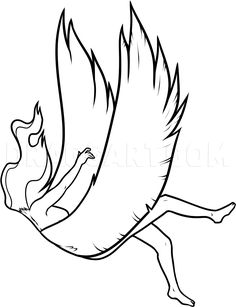 a black and white drawing of a bird flying with its wings spread out to the side