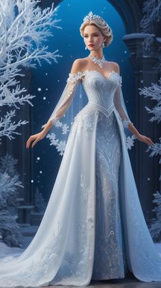 a woman in a white dress standing next to snow covered trees and wearing a tiara