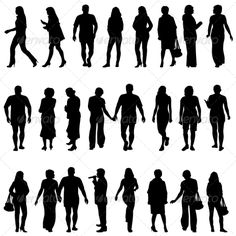 silhouettes of people walking and carrying bags in different poses, from front to back