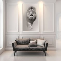 a living room with a couch and a lion painting on the wall