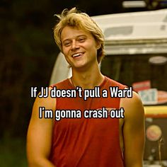 a man in red shirt standing next to a van with the words if j doesn't pull a ward i'm gonna crash out