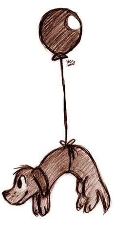 a drawing of a dog with a balloon attached to it's back legs and head