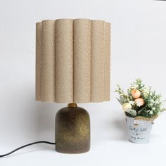 a table lamp sitting next to a potted plant and a white wall behind it