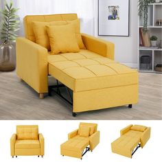 a yellow chair and ottoman in a living room