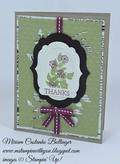 a thank card with the words thanks written in white and purple on it, along with a bow