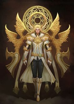 an angel with gold wings standing in front of a black background