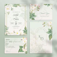 wedding stationery set with flowers and leaves in pastel green tones, including the letter k