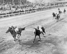 black and white photograph of horses racing on dirt track