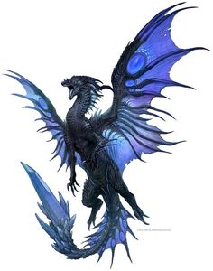 a blue and black dragon flying through the air