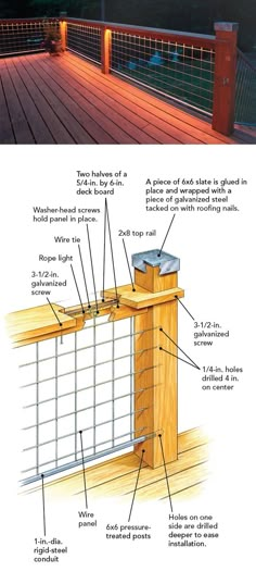 an image of a wooden deck with metal railings and other details about the structure