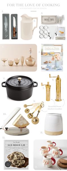 a collage of kitchen items with the words for the love of cooking