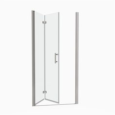 the corner shower door is open to show it's clear glass and steel frame