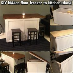 the kitchen island is made out of an old freezer and has stools around it