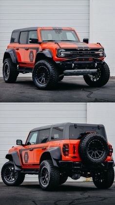 an orange jeep is parked in front of a garage door and another side by side