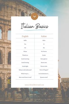 the roman collage with text that reads italian basics english, italian, and french