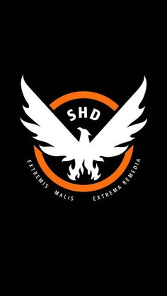 an orange and white logo on a black background with the words shd above it