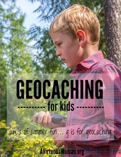 a young boy standing next to a tree with the words geocaching for kids