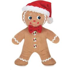 a brown teddy bear wearing a santa hat and bow tie with candy canes on it's chest