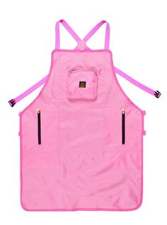 a pink apron with two straps on the front and one has a pocket in the back