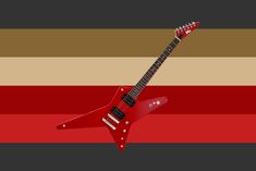 a red electric guitar sitting on top of a striped wallpapered floor with stripes in the background