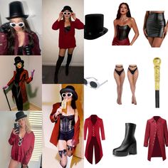 a collage of women dressed up in costumes and accessories including boots, stockings, hats, gloves, glasses, top hat