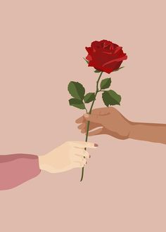 two hands reaching out towards each other to touch a red rose that is being held by someone's hand