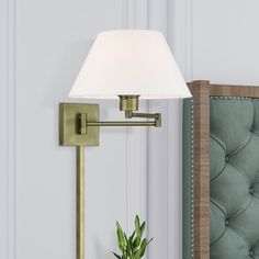 a lamp that is on the side of a wall next to a potted plant