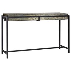 an iron and marble console table with two drawers on one side, against a white background