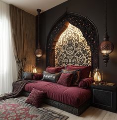 a large bed sitting in the middle of a bedroom next to a window with curtains