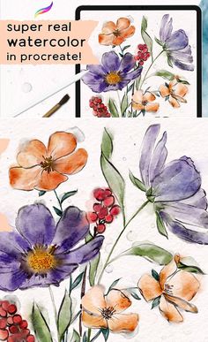 watercolor flowers are being used to create this painting