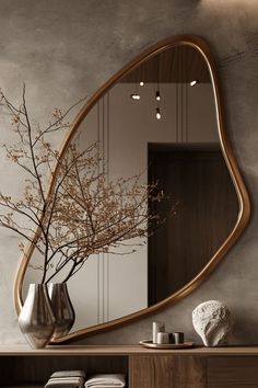 Organic Mirror Bathroom, Modern Mirror Wall Living Room, Interior Design Aesthetic Inspiration, Organic Mirror Shape, Mirror Interior Design Wall, Mirror Ideas For Living Room, Aesthetic Mirror Ideas, Blob Mirror Aesthetic, Aesthetic Mirror Design