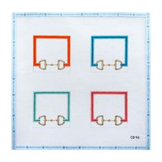 four squares with chains on them in different colors and sizes, each one has a chain at the center