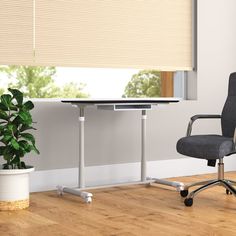 an office chair sitting next to a desk with a plant in front of it on a hard wood floor