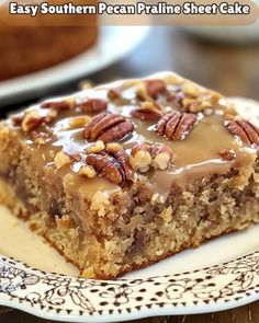 a piece of pecan pralie sheet cake on a plate with the words easy southern pecan pralie sheet cake