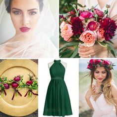 a collage of photos with flowers and bride's bouquets in them, including a green dress