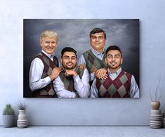 three men in vests and ties are posing for a photo on a wall above a potted plant