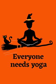 an orange poster with a black cat sitting on top of a person in a yoga pose