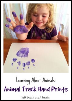 Learning About Animals Animal Track Hand Prints left brain craft brain Learning About Animals, Forest Animal Crafts, Forest Animals Theme, Brain Craft, Left Brain, Polar Animals, Animal Tracks, Hand Prints, Winter Preschool