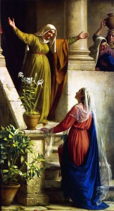 a painting of two women on steps with one pointing at the other woman's hand