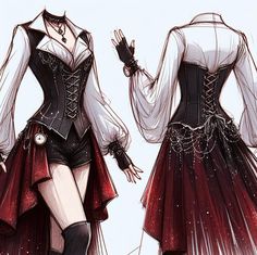 a drawing of a woman wearing a red and black corset with long sleeves