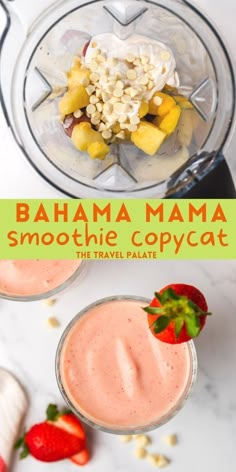 a smoothie in a blender with strawberries on the side and banana mama smoothie copy