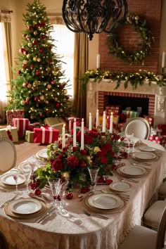 a dining room table set for christmas dinner