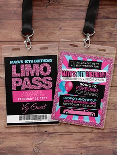 two luggage tags with pink and blue designs on them, one is for a limo pass