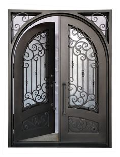 an ornate iron door with glass panels on the front and side doors to both sides