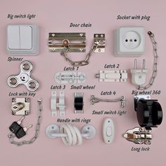 various types of electrical components on a pink background with words describing which parts are included