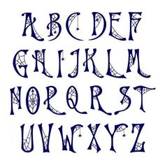 an old english alphabet with spider webs on the upper and lower letters, in blue ink