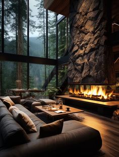 a living room filled with furniture and a fire place in front of a stone wall