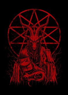 a goat with long horns sitting in front of a red pentagramil on a black background