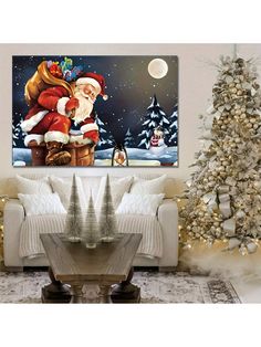 a living room decorated for christmas with a large painting on the wall and white furniture